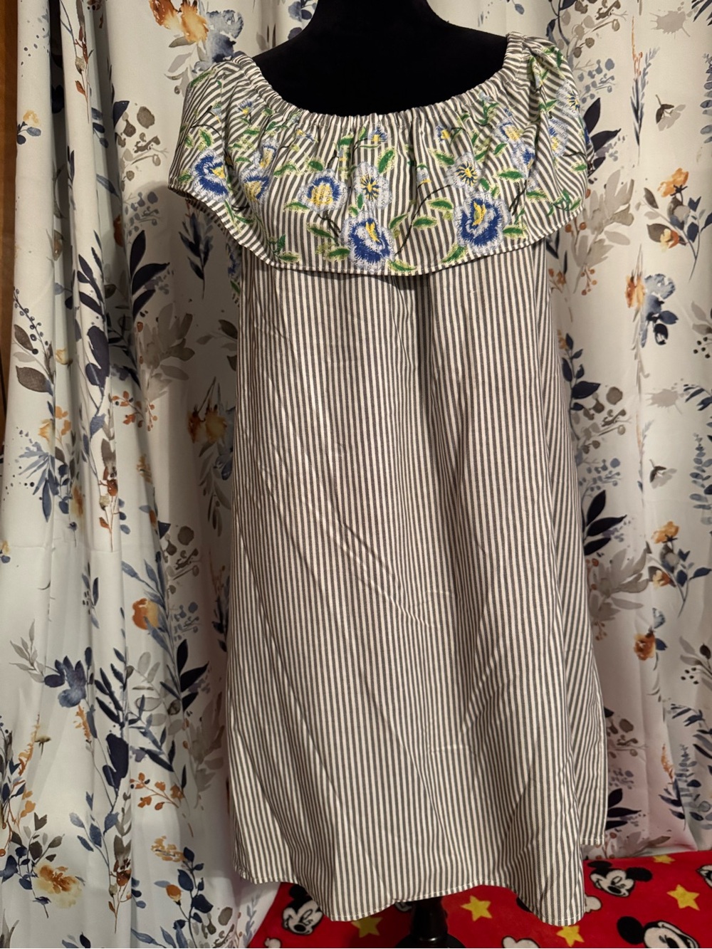Emma & Michele Navy and White Striped A-Line Tunic Blue Floral Embroidery B7